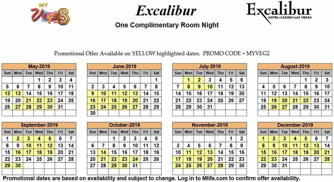 Image of Excalibur Hotel & Casino Las Vegas one complimentary room night myVEGAS Slots calendar 2019.