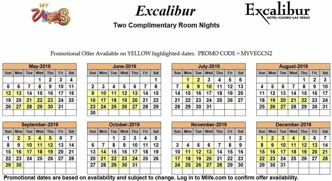 Image of Excalibur Hotel & Casino Las Vegas two complimentary room nights myVEGAS Slots calendar 2019.