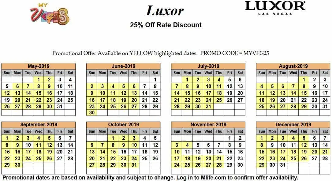 Image of Luxor Resort & Casino Las Vegas 25% off room rates myVEGAS Slots calendar 2019.