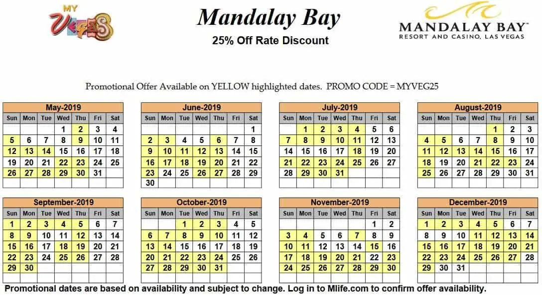Image of Mandalay Bay Resort & Casino Las Vegas 25% off room rates myVEGAS Slots calendar 2019.
