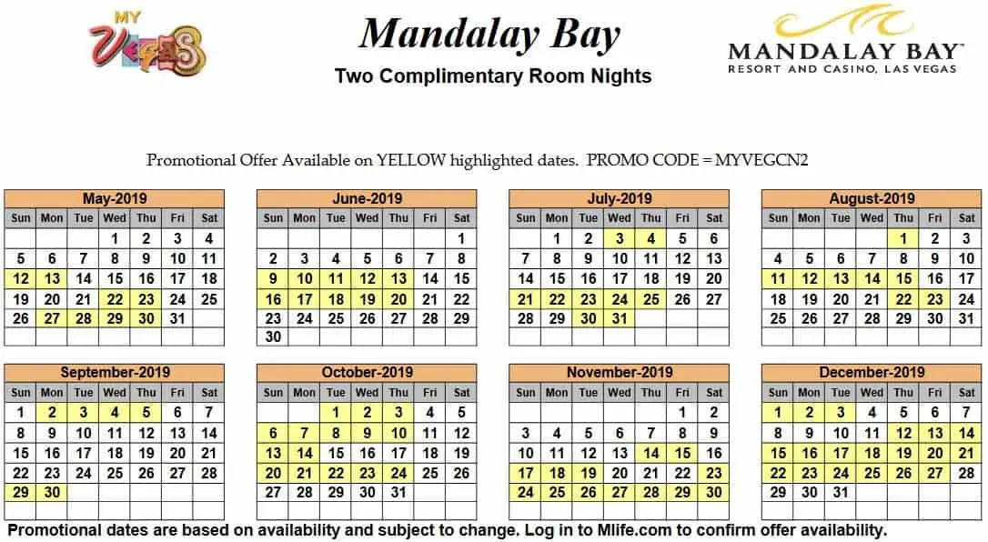 Image of Mandalay Bay Resort & Casino Las Vegas two complimentary room nights myVEGAS Slots calendar 2019.