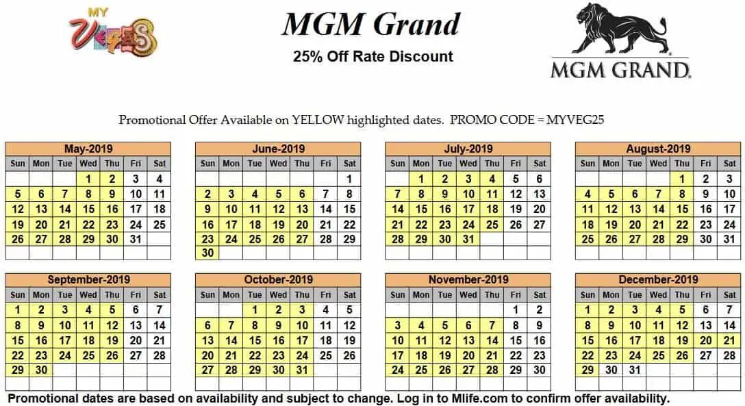 Image of MGM Grand Hotel & Casino Las Vegas 25% off room rates myVEGAS Slots calendar 2019.
