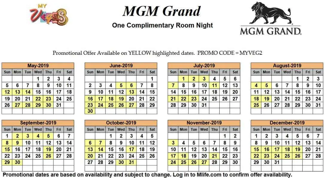 Image of MGM Grand Hotel & Casino Las Vegas one complimentary room night myVEGAS Slots calendar 2019.