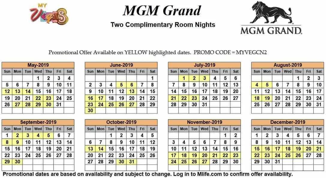 Image of MGM Grand Hotel & Casino Las Vegas two complimentary room nights myVEGAS Slots calendar 2019.