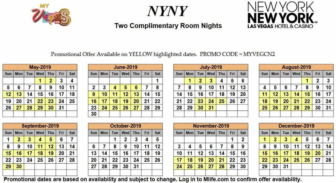 Image of New York New York Hotel & Casino Las Vegas two complimentary room nights myVEGAS Slots calendar 2019.