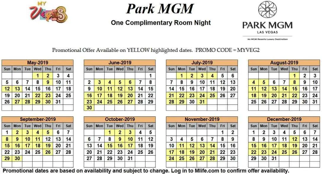 Image of Park MGM Resort & Casino Las Vegas one complimentary room night myVEGAS Slots calendar.