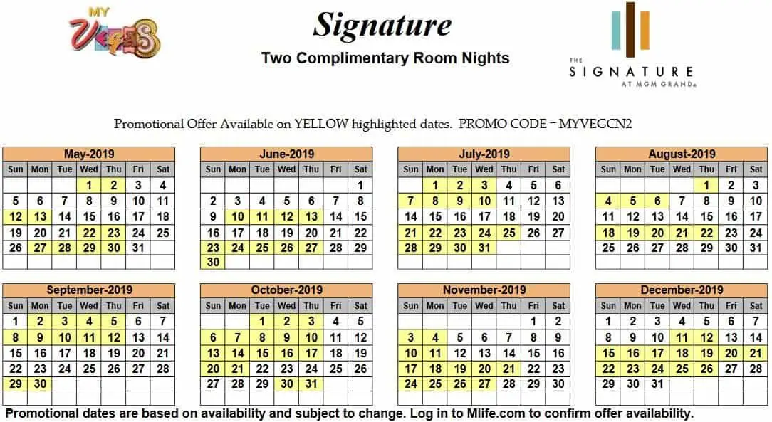 Image of Signature at MGM Grand Hotel Las Vegas two complimentary room nights myVEGAS Slots calendar.