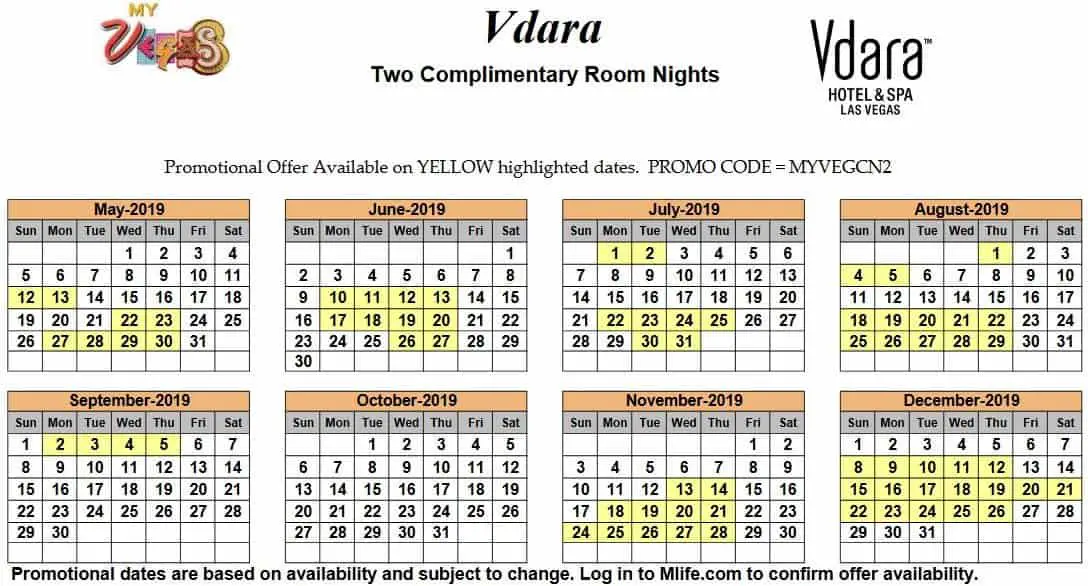 Image of Vdara Hotel & Spa Las Vegas two complimentary room nights myVEGAS Slots calendar 2019.