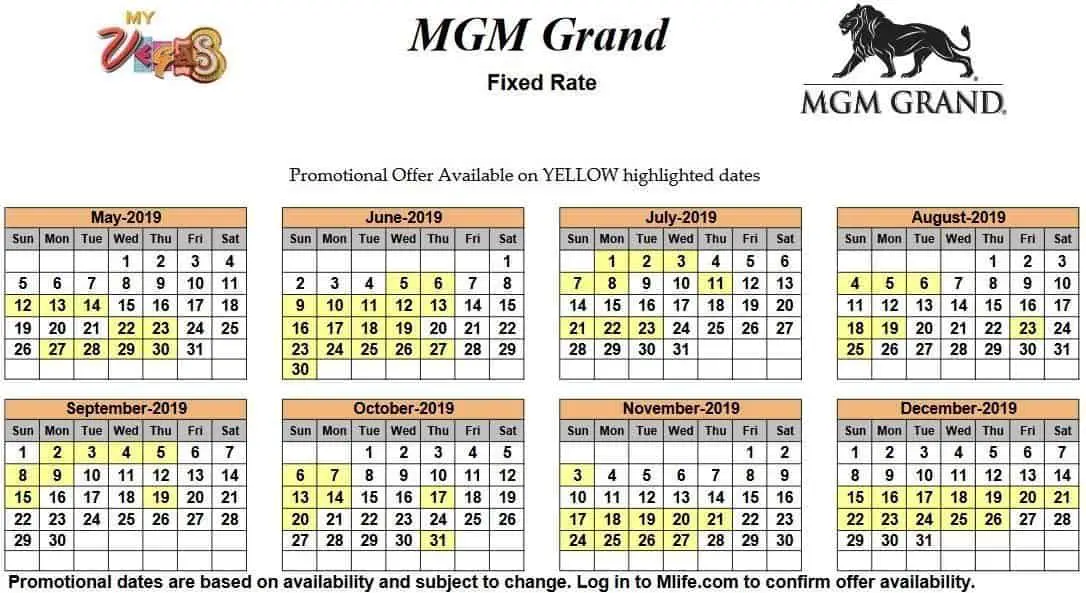 Image of MGM Grand Hotel & Casino Las Vegas exclusive rates myVEGAS Slots calendar 2019.