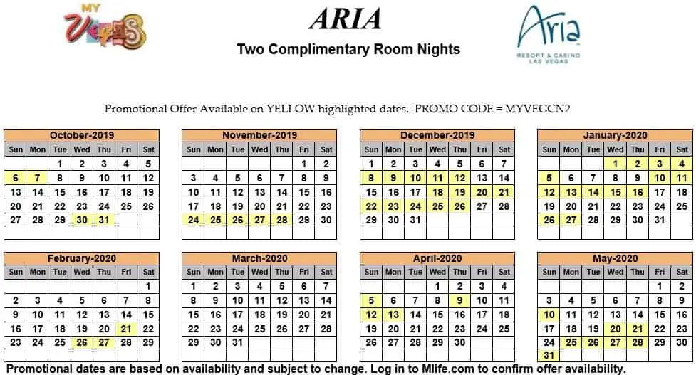 Image of Aria Hotel & Casino Las Vegas two complimentary room nights myVEGAS Slots calendar.