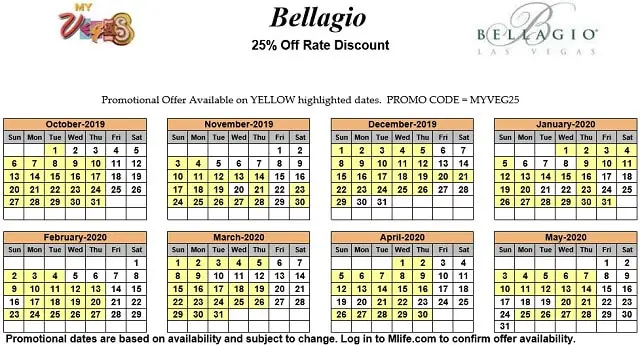 Image of Bellagio Resort & Casino Las Vegas 25% off room rates myVEGAS Slots calendar.