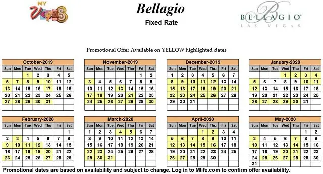 Image of Bellagio Resort & Casino Las Vegas exclusive rates myVEGAS Slots calendar.