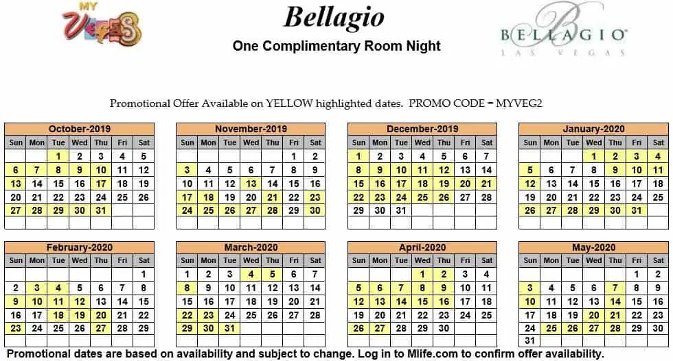 Image of Bellagio Resort & Casino Las Vegas one complimentary room night myVEGAS Slots calendar.
