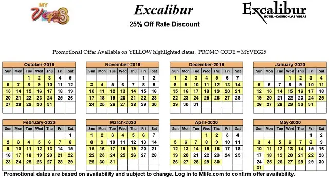 Image of Excalibur Hotel & Casino Las Vegas 25% off room rates myVEGAS Slots calendar.