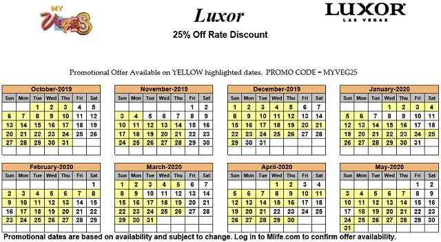 Image of Luxor Resort & Casino Las Vegas 25% off room rates myVEGAS Slots calendar 2020.