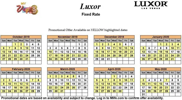 Image of Luxor Resort & Casino Las Vegas exclusive rates myVEGAS Slots calendar 2019.