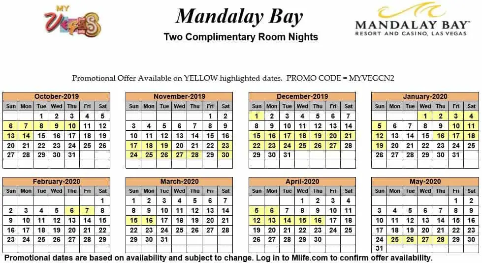 Image of Mandalay Bay Hotel & Spa Las Vegas two complimentary room nights myVEGAS Slots calendar.