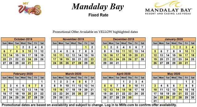 Image of Mandalay Bay Hotel & Spa Las Vegas 25% off room rates myVEGAS Slots calendar.