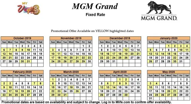 Image of MGM Grand Hotel & Casino Las Vegas exclusive rates myVEGAS Slots calendar 2019.