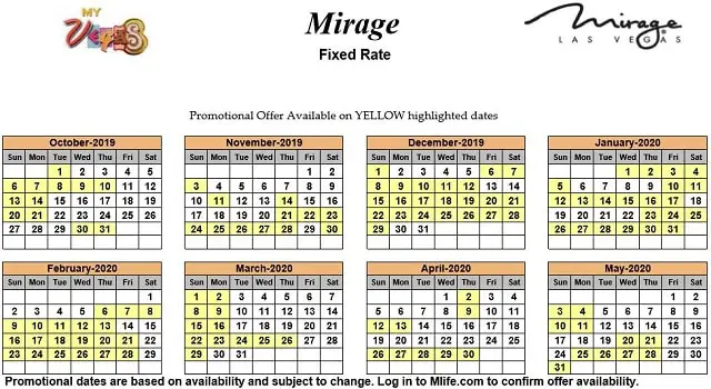 Image of Mirage Hotel & Casino Las Vegas exclusive rates myVEGAS Slots calendar.