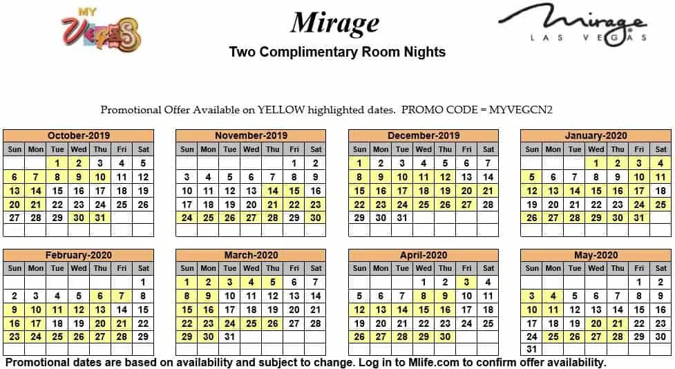 Image of Mirage Hotel &amp; Casino Las Vegas two complimentary room nights myVEGAS Slots calendar 2019.