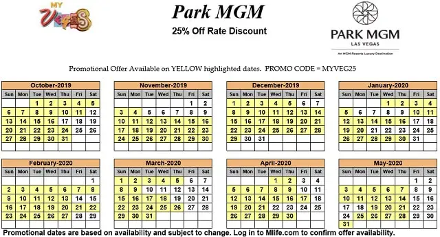 Image of Park MGM Resort & Casino Las Vegas 25% off room rates myVEGAS Slots calendar.