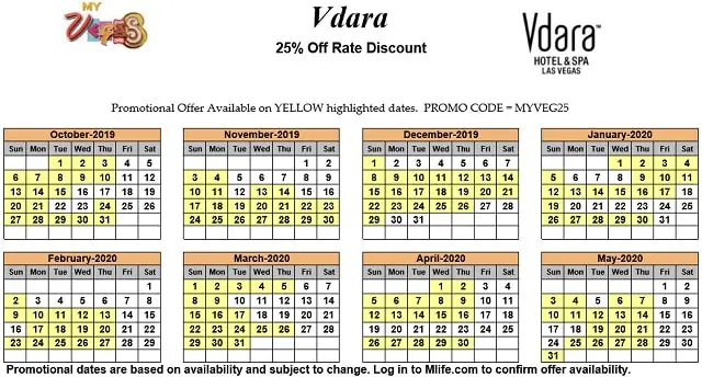 Image of Vdara Hotel & Spa Las Vegas 25% off room rates myVEGAS Slots calendar.